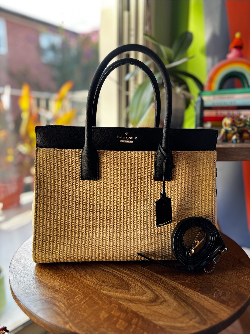 kate spade Black & Tan Woven Leather-Trim Tote